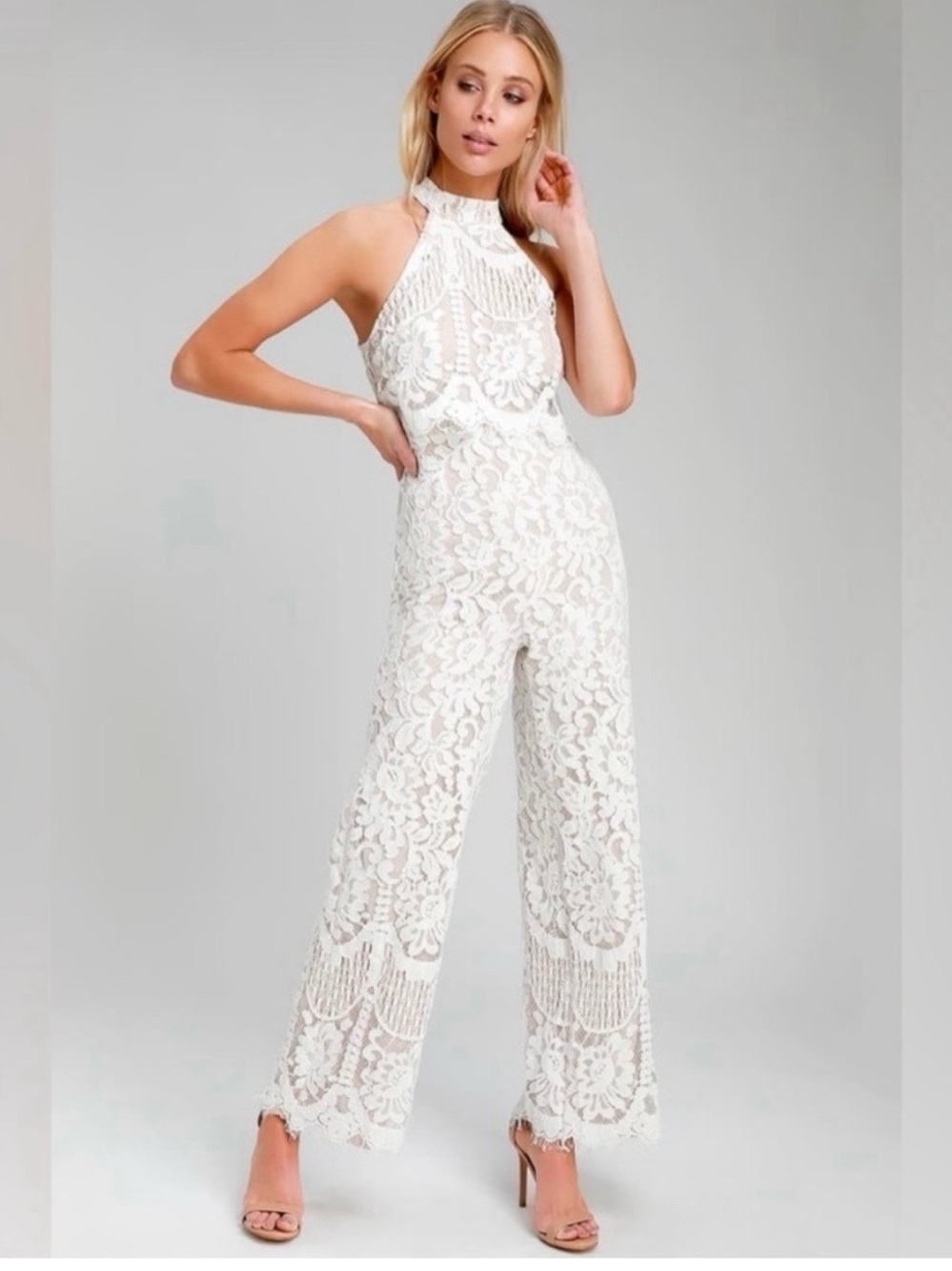 LULU'S Britney Off White Lace Halter Jumpsuit Size Medium